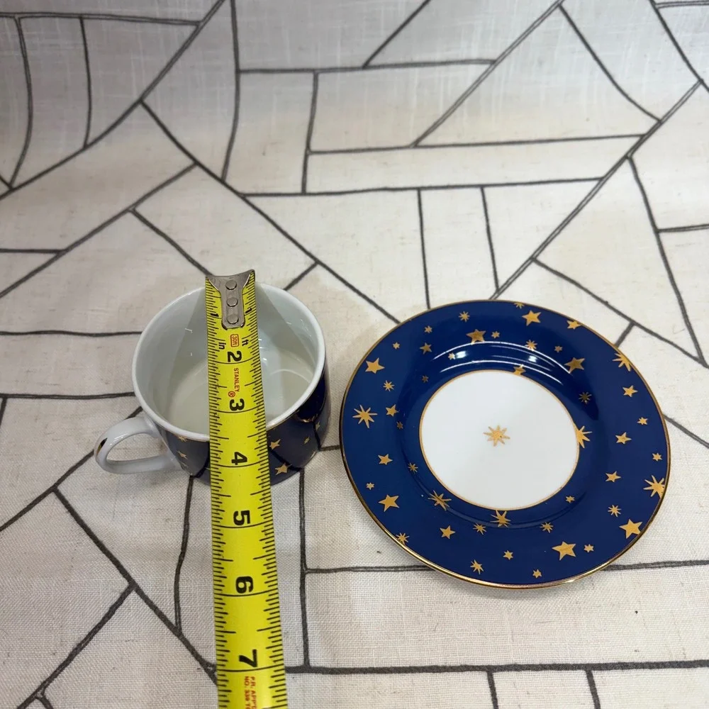 Sakura Galaxy Espresso Cup Saucer Set 4 Blue Gold Stars Celestial Porcelain